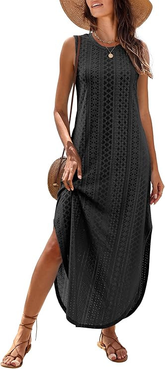 ANRABESS Women Maxi Dress Summer Casual Loose Sleeveless Sundress Coverup Beach Eyelet Dresses 20... | Amazon (US)