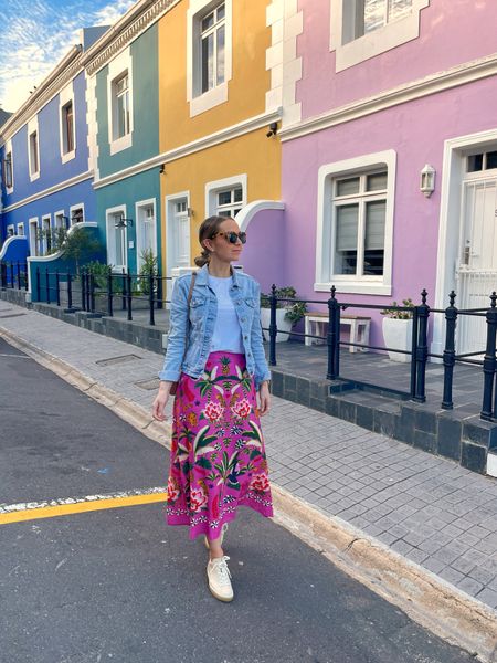 What I wore in South Africa bright floral pink skirt + denim jacket 

#LTKstyletip #LTKtravel #LTKSeasonal