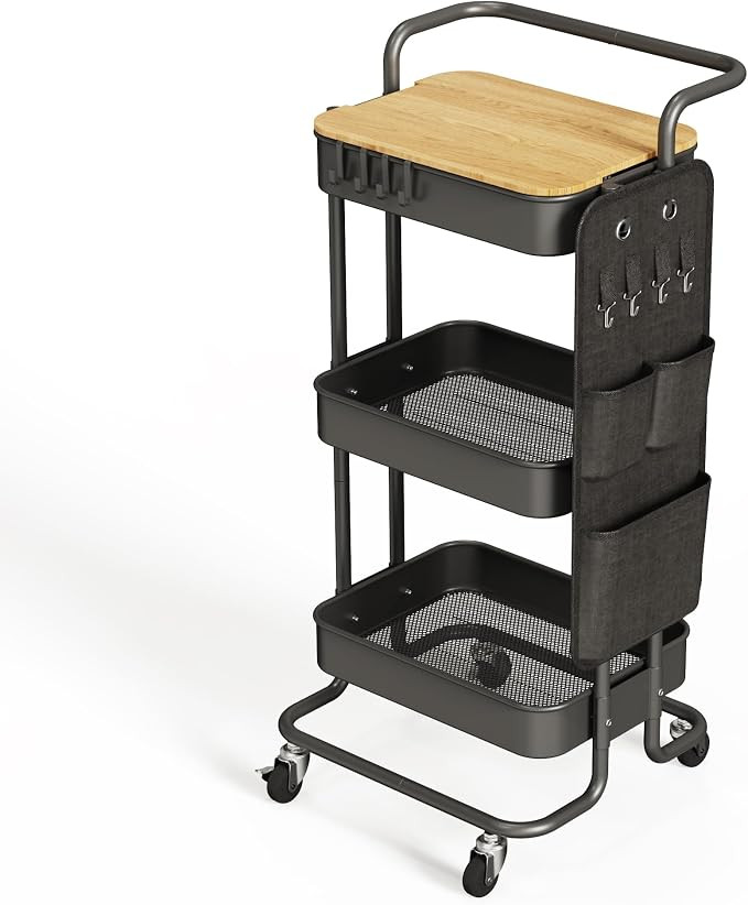 DTK 3 Tier Metal Utility Rolling Cart with Table Top and Side Bags, Tray Storage Organizer Wheels... | Amazon (US)