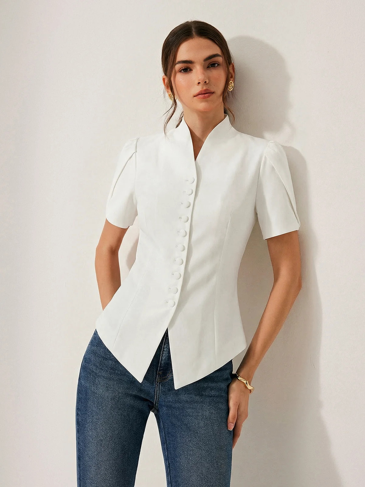 Short Sleeve Stand Collar Buttoned Slim Blouse | Commense