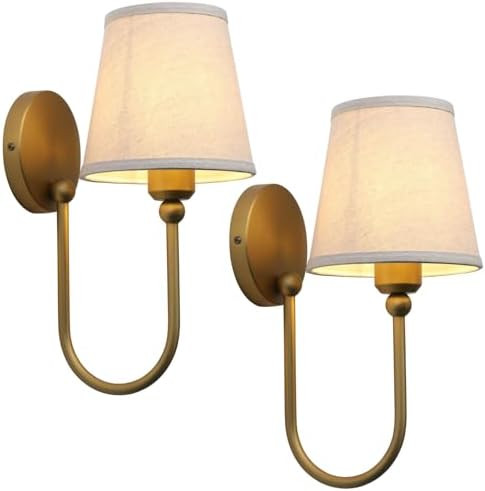 Pathson Antique Linen Fabric Wall Sconces Set of 2, Hardwired Curved Arm Bathroom Vanity Light, I... | Amazon (US)