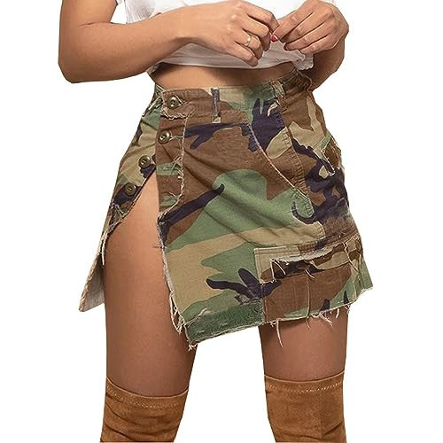 Camo Cargo Skirts for Women - High Waist Slit Bodycon Camouflage Denim Jean Skirt with Pocket Streetwear (Camo2,S) | Amazon (US)