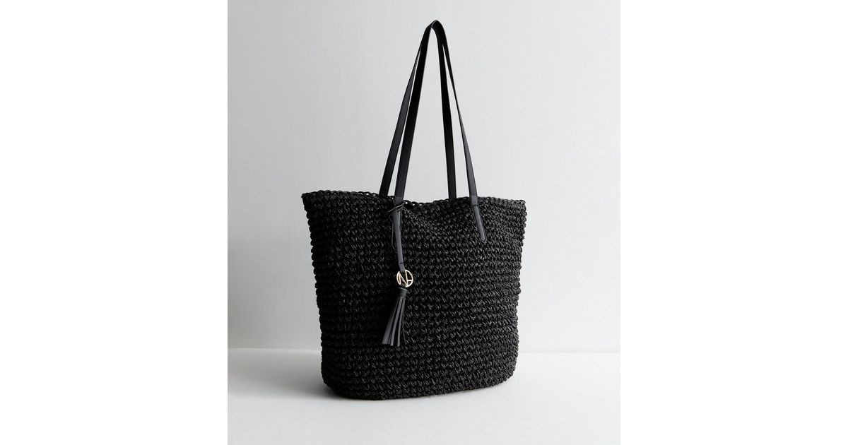 Black Raffia Look Logo Charm Tote Bag | New Look | New Look (UK)