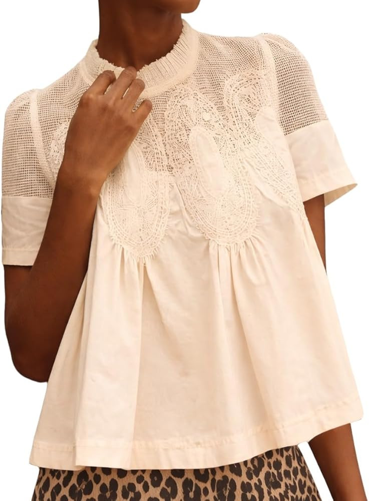 VAOYIU Women Lace-Detail Flared Blouse Short-Sleeve Crew Neck Lace Poplin Mesh Swing Top Elegant ... | Amazon (US)