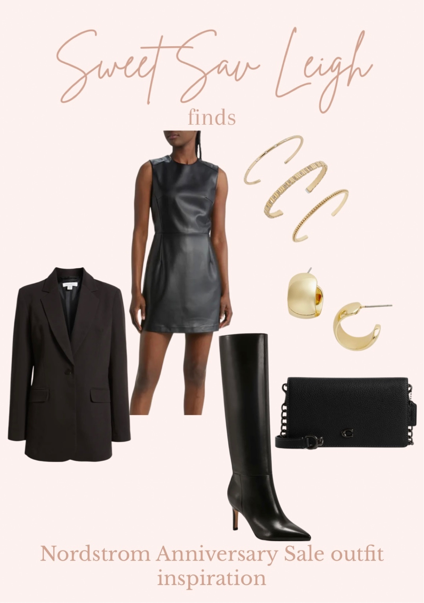 Nordstrom anniversary sale outfit inspo: leather dress, black dress,
Little black dress, black blazer, black boots, tall boots, knee high boots, black clutch 

#LTKSeasonal #LTKFind #LTKxNSale