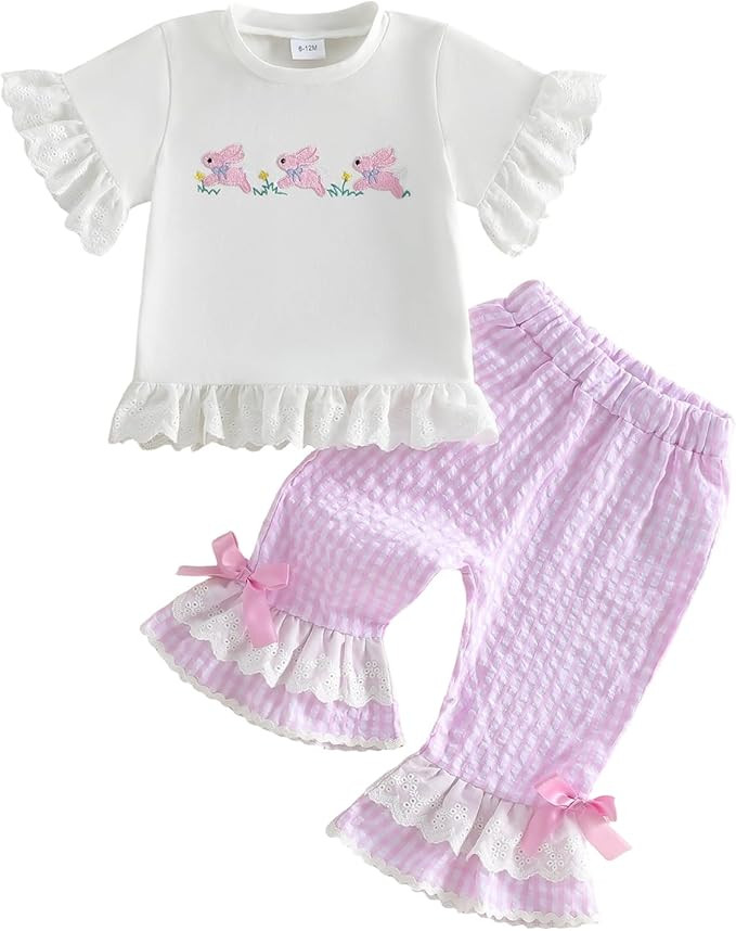 Easter Baby Girl Outfit Bunny Short Sleeve Tops Plaid Bell Bottoms Flared Pants Set Toddler Summe... | Amazon (US)