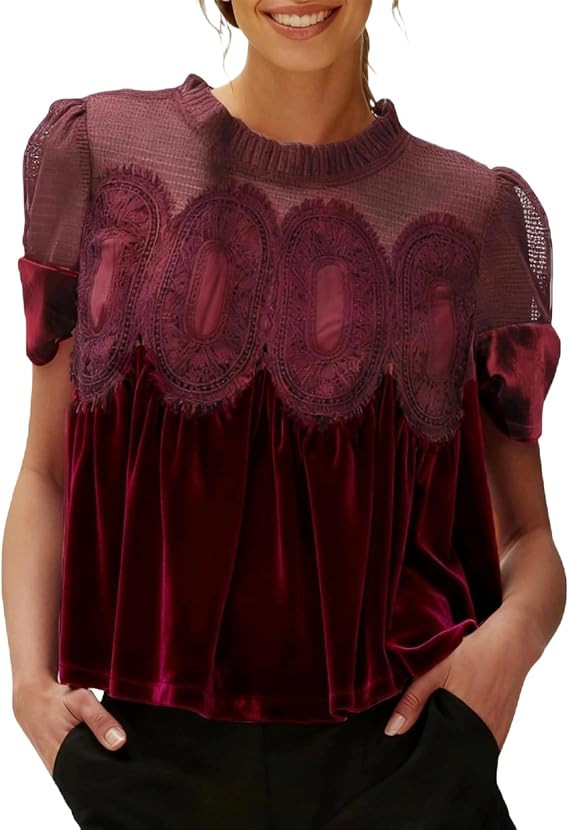 hathne Velvet Lace Blouse for Women Elegant Casual Crew Neck Short Sleeve Top Loose Fit Flared Sw... | Amazon (US)