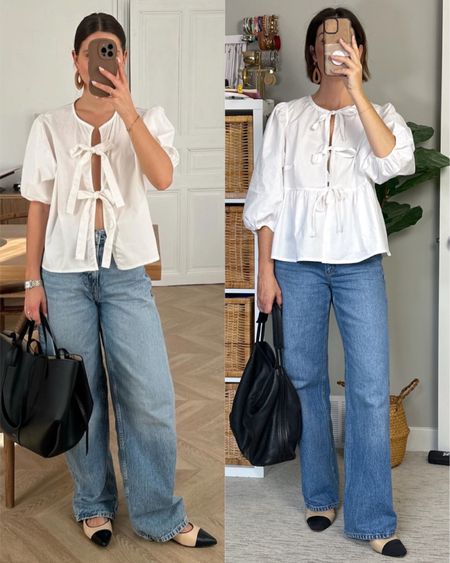 Pinterest spring look with the cutest designer look for less tie front top! I’m 5’ 7” wearing my usual size small and it’s pretty roomy, I could probably have sized down. I linked several similar tops, this style is so trendy now!
Wearing my usual size 27 in these wide leg jeans, they are perfectly slouchy without looking too relaxed and pairs so well with the more polished cap toe sling backs. Mine are from Amazon and I sized up 1/2 size, I also linked several similar pairs.
My bag is an older style but I found it on eBay and also linked a super similar style from the same brand.
Also linked my earrings + similar raffia/wicker styles 

#LTKStyleTip #LTKOver40 #LTKShoeCrush