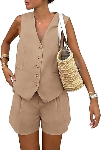 PRETTYGARDEN Women's Summer 2 Piece Outfits Sleeveless Matching Sets Button Down V Neck Vest Wais... | Amazon (US)