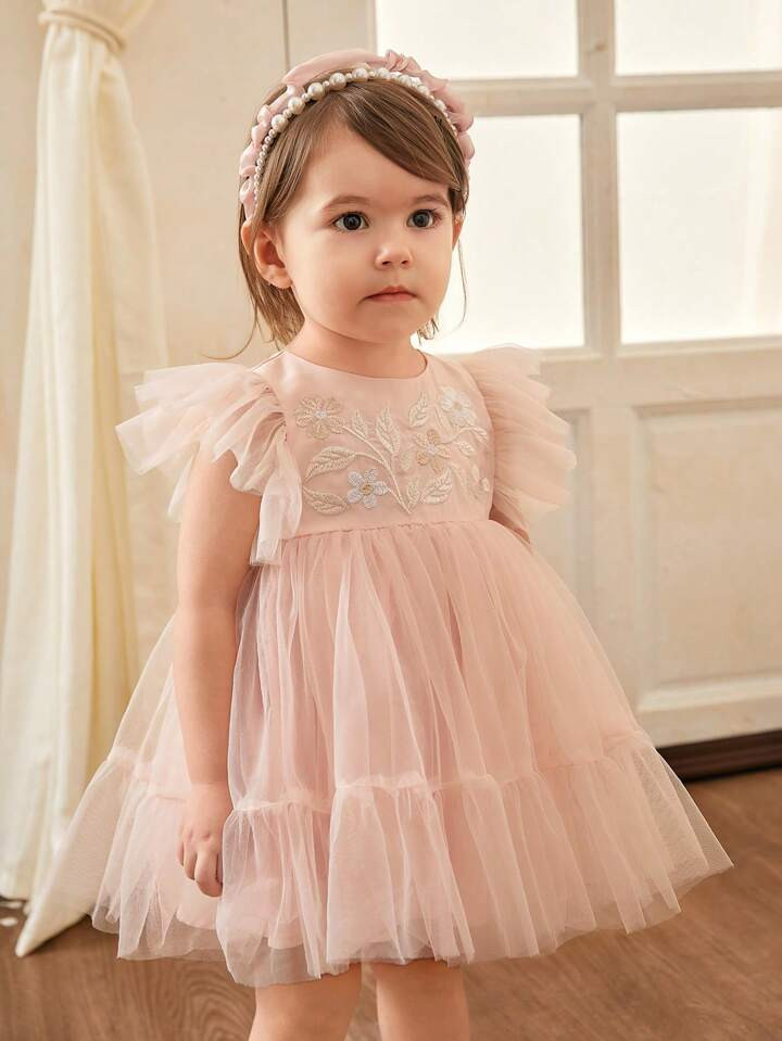 SHEIN Baby Girl Lovely And Elegant Soft Mesh Floral Pattern Embroidered Ruffled Hem Dress For Spr... | SHEIN