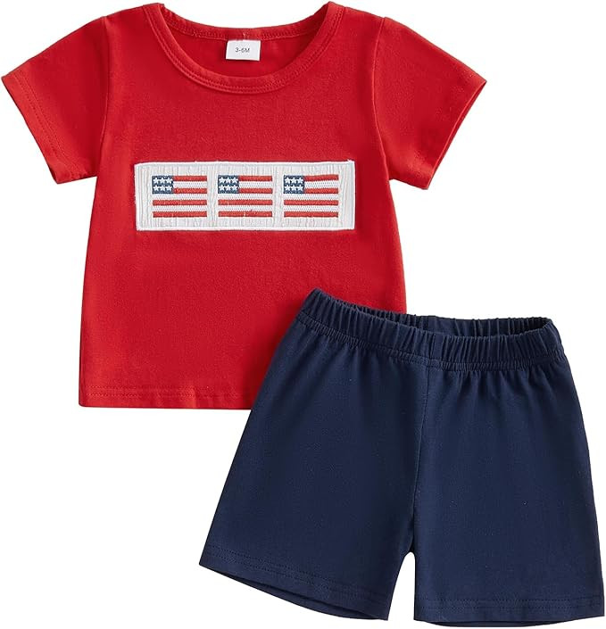 Omkzanbi 4th of July Baby Boy Outfit American Flag Embroidery T Shirt Casual Jogger Shorts 2Pcs T... | Amazon (US)