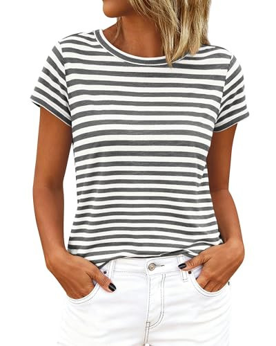 BTFBM Tops for Women Trendy Summer 2026 Crew Neck Short Sleeve T Shirts Striped Casual Vacation B... | Amazon (US)