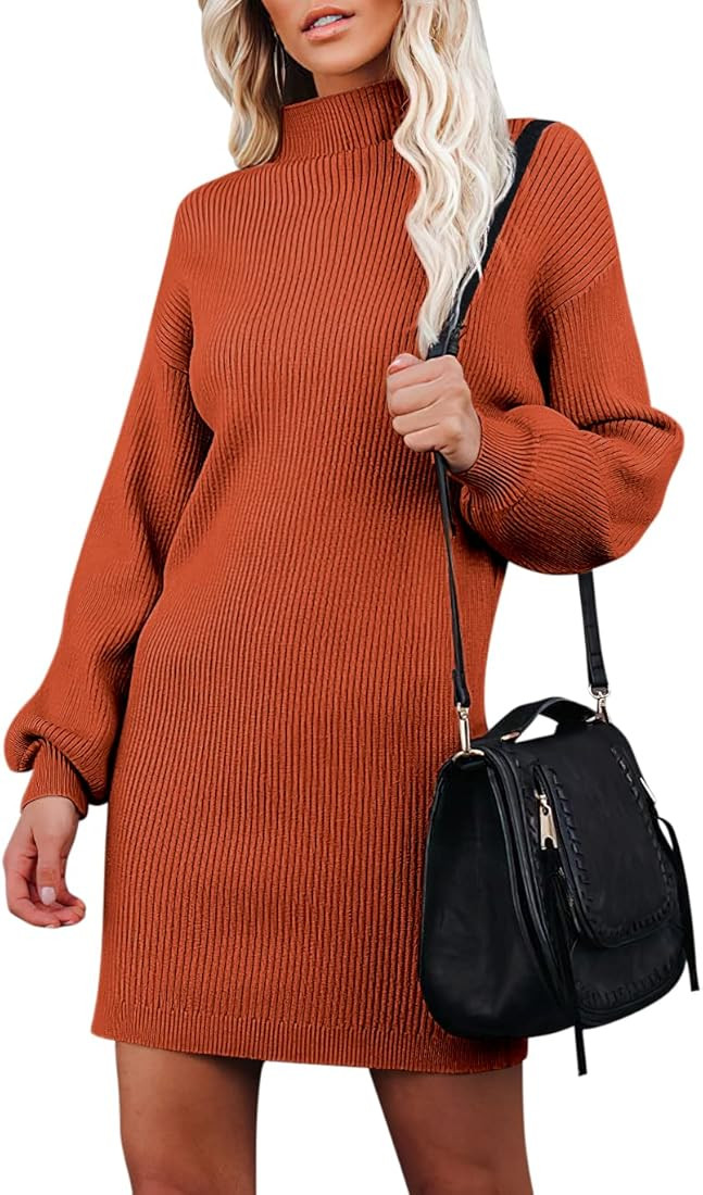 Caracilia Women's Turtleneck Sweater Dress Puff Long Sleeve Ribbed Knit Mini Dress | Amazon (US)