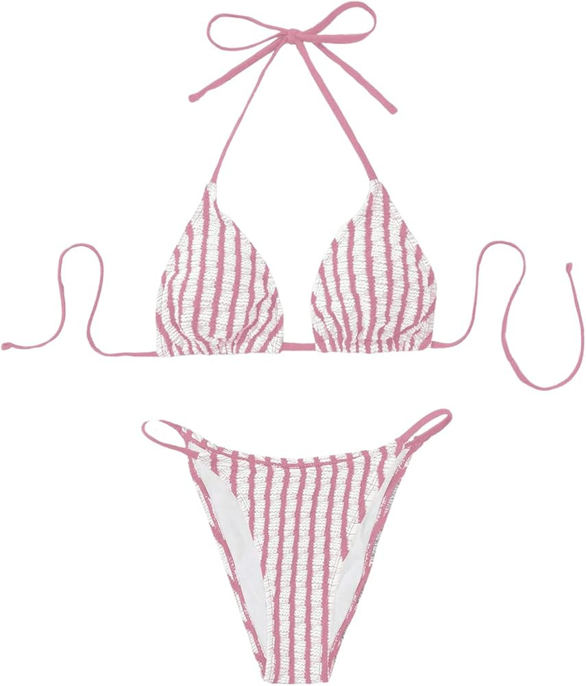 SHENHE Women's 2 Piece Striped Halter High Waist Tie Back Textured Sexy Bikini Set with Thong | Amazon (US)