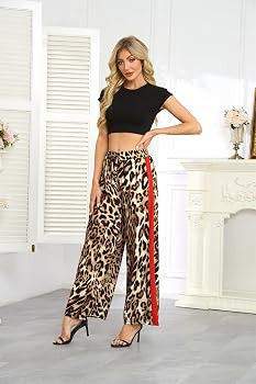 Women's Casual Pants Drawstring Leopard Print Color Block Side Striped Straight Leg Wide Leg Loos... | Amazon (US)