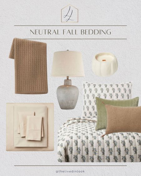 Neutral and affordable fall bedding from Target! 

Brown throw pillow, neutral home aesthetic, table lamp, throw blanket, pumpkin candle 

#LTKSeasonal #LTKhome
