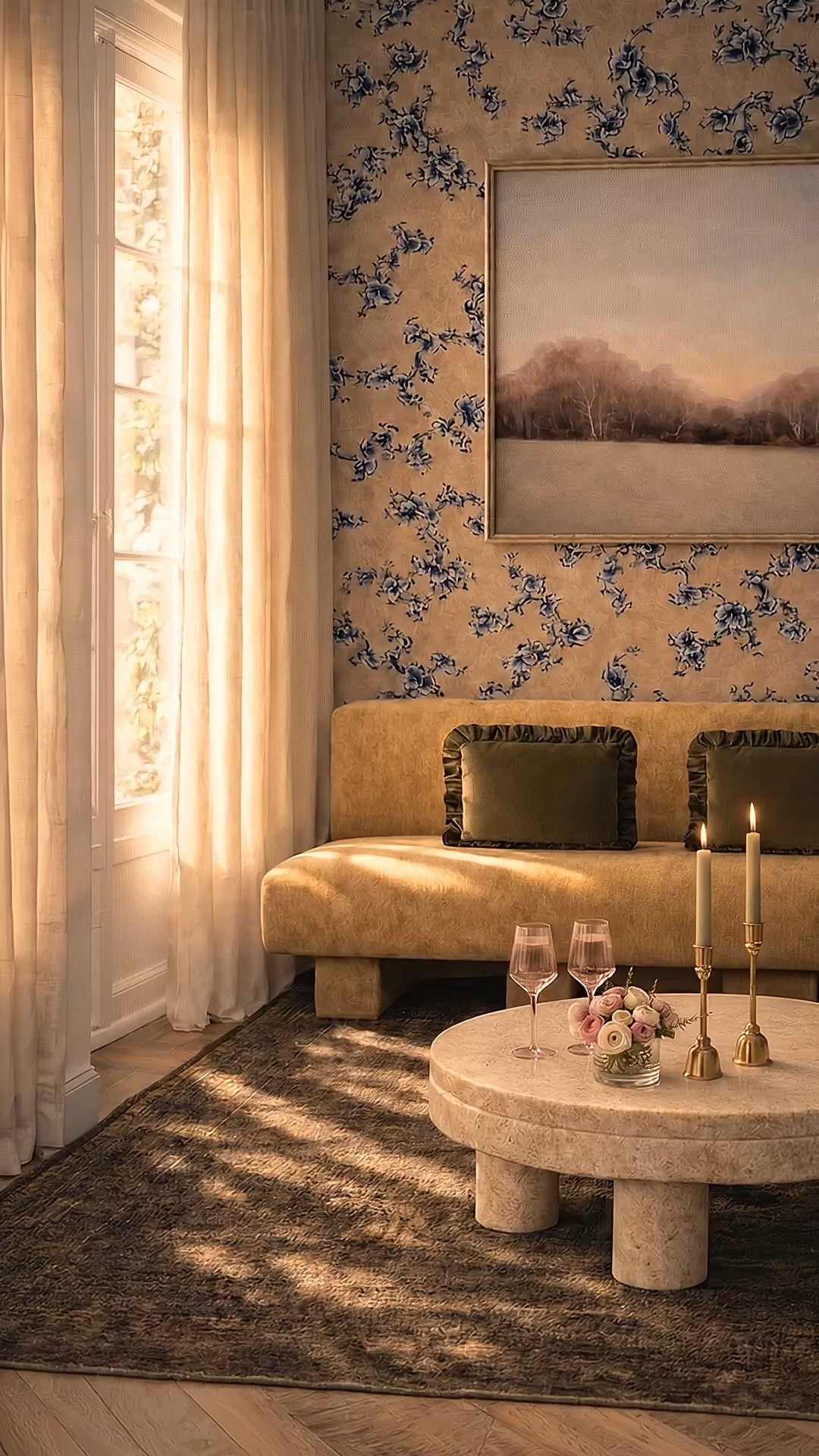 After dinner, this is exactly where I want to linger a little longer — a glass of wine, soft candlelight, and a cozy place to lounge as the warm day slowly fades into evening.

The sheer drapes soften the late-afternoon light, while the sculptural loveseat and round stone coffee table create an intimate, inviting setting. The richly patterned rug grounds the room, and the floral wallpaper brings beautiful color and personality to the space.

Pink wine glasses, a petite flower arrangement, brass candleholders, and velvet pillows add the finishing layers — romantic, relaxed, and perfect for transitioning into fall while the days are still warm.

#AfterDinner #LoungeArea #CocktailHour #WineGlasses #FlowerArrangement #Candleholders #ThrowPillows #SheerDrapes #Loveseat #CoffeeTable #AreaRug #FloralWallpaper #WallpaperDesign #LivingRoomDesign #TransitionToFall #WarmDays #ModernClassic #CozyInteriors #InteriorDesign #HomeDecor

#LTKdayinmylife #LTKSeasonal #LTKHome