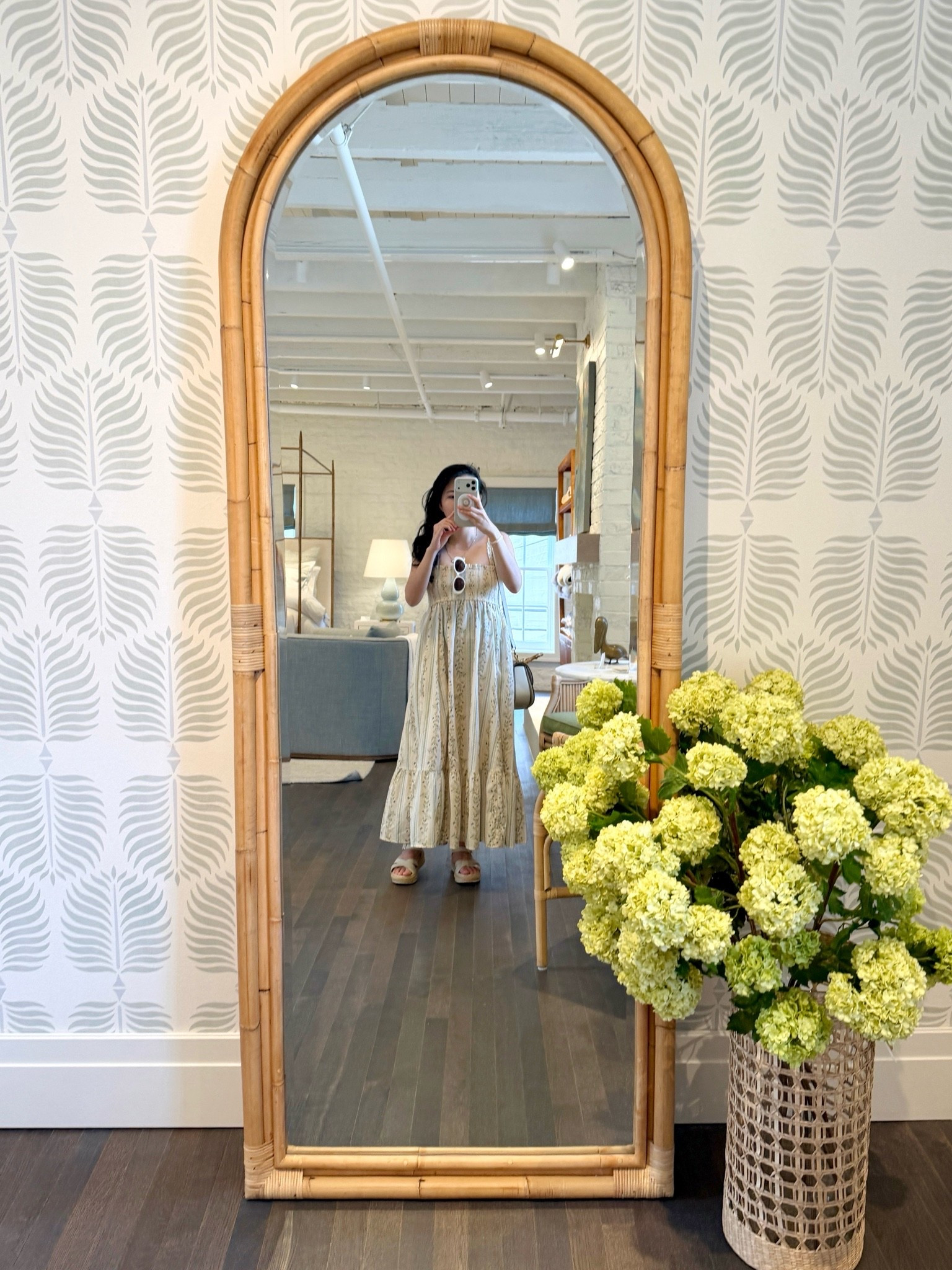 Little OOTD mirror moment featuring some beautiful Serena & Lily decor! 💫 The Granada Wallpaper paired with the Montara Rattan Floor Mirror creates such a dreamy coastal-inspired backdrop with warm texture and soft pattern. 🤎 Also wearing one of my favorite dresses lately—the A&F Sydney Smocked Convertible Midi Dress, currently on sale! 🌼 #SerenaAndLily #SummerDress #ootd

#LTKSaleAlert #LTKHome #LTKootd