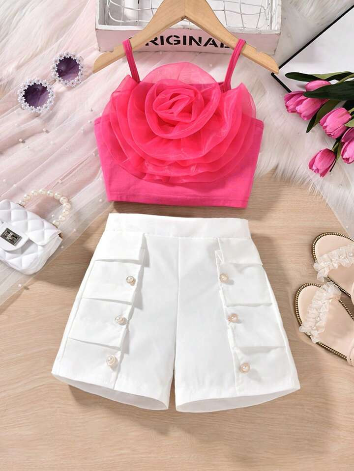 SHEIN Tween Girl Pink 3D Flower Cami Top & White Shorts Fashionable 2-Piece Set For Summer | SHEIN