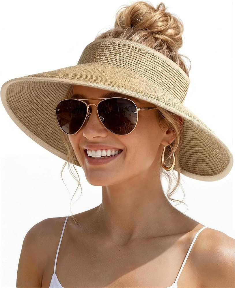 Womens Sun Visor Hats Wide Brim Straw Beach Hat UV Protection Ponytail Packable Beach Vacation Es... | Amazon (US)