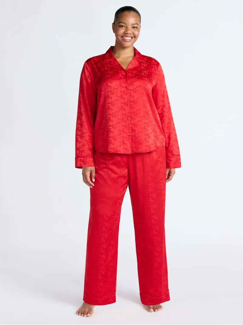 Joyspun Women’s Stretch Satin Notch Long Sleeve Top and Pants Pajama Set, 2-Piece, Sizes XS-3X | Walmart (US)