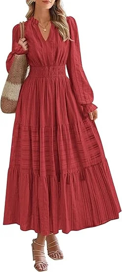 PRETTYGARDEN Women's Fall Wedding Guest Dresses Long Sleeve V Neck Flowy Elegant Holiday Party Ma... | Walmart (US)