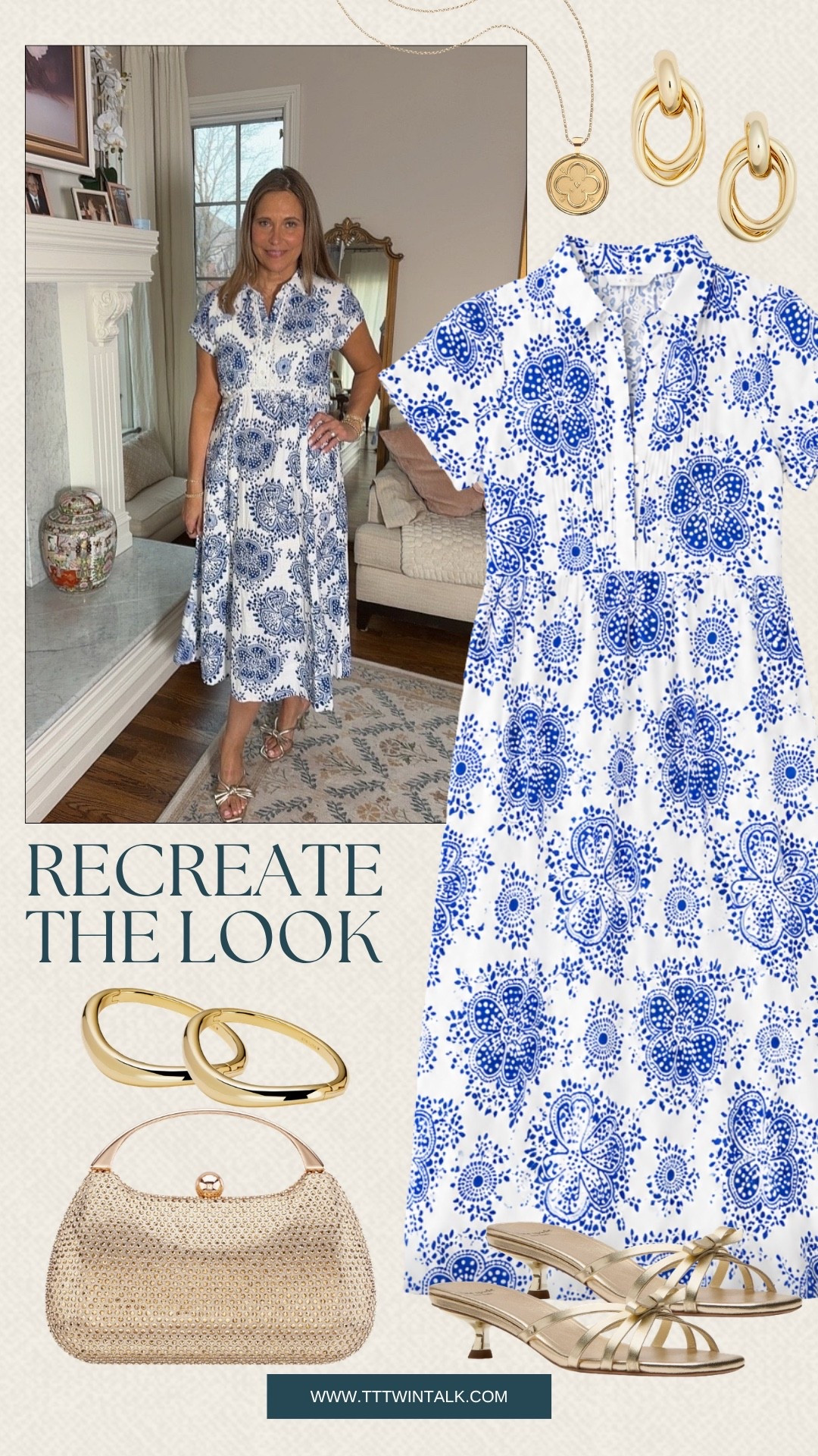 Recreate our look with this classic and feminine blue and white midi dress. The bold print feels timeless, while the gold accessories add the perfect touch of polish to bring the whole look together. Perfect for summer dinners, bridal showers, vacation nights, or weekend celebrations.

#LTKMidsize #LTKOver40 #LTKSeasonal