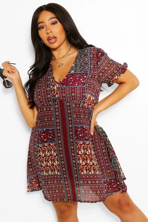 Plus Boho Aztec Ruffle Smock Dress | Boohoo.com (UK & IE)