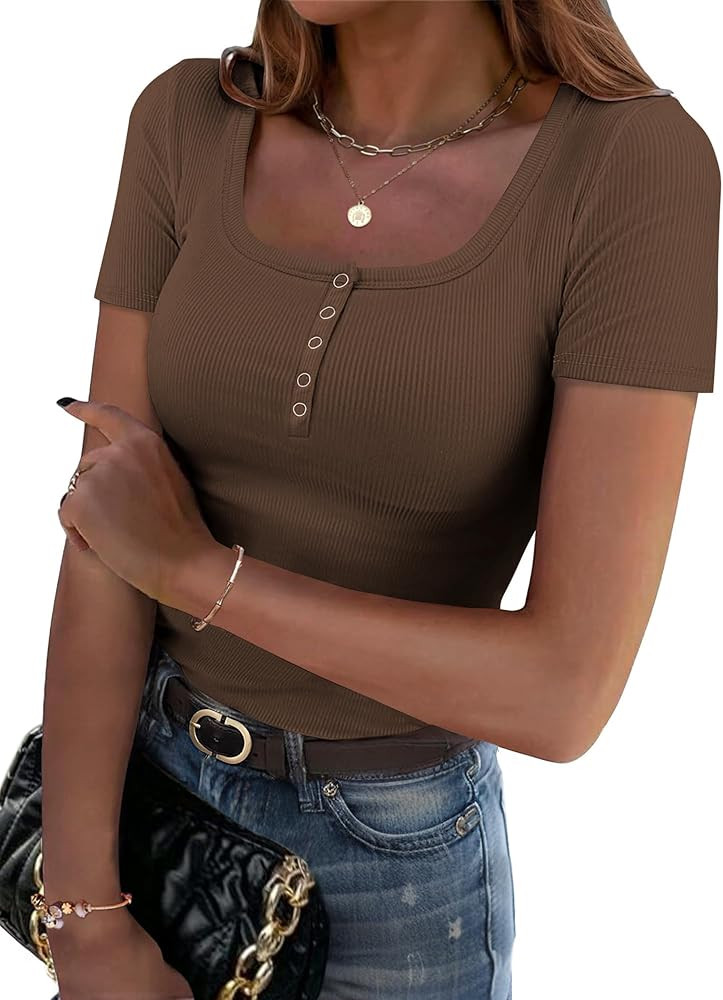 Zeagoo Womens Summer Tops Short Sleeve Shirts Ribbed Knit Square Neck Tshirt Casual Basic Slim Te... | Amazon (US)