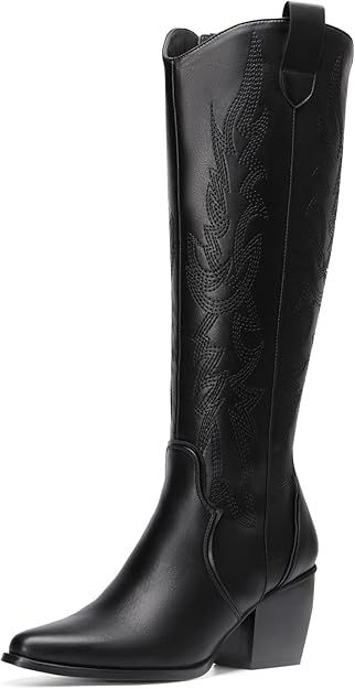 DREAM PAIRS Womens Cowboy Boots, Comfortable Pull On Zipper Chunky Heel Pointed Toe Embroidered W... | Amazon (US)