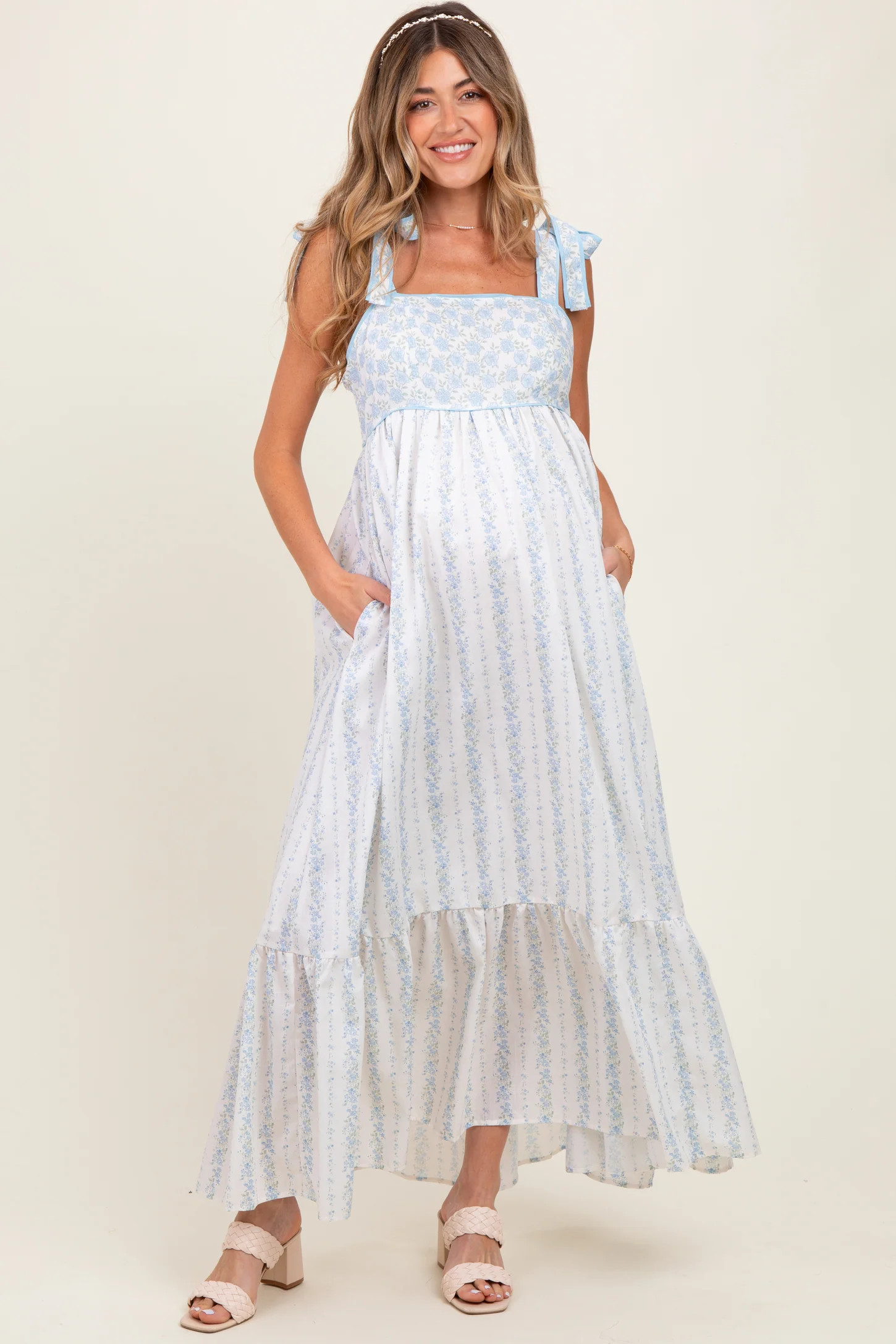 Light Blue Floral Cotton Maternity Dress | PinkBlush Maternity