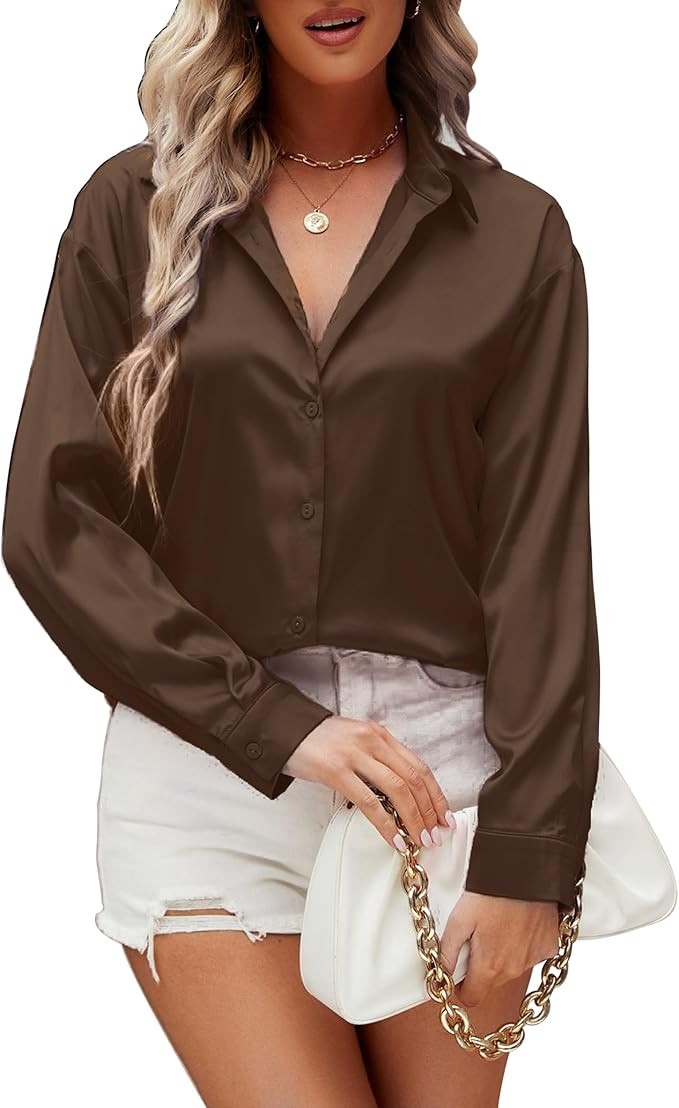 Damipow Satin Silk Button Down Shirts for Women Dress Shirts Long Sleeve Blouses Womens Shirts | Amazon (US)