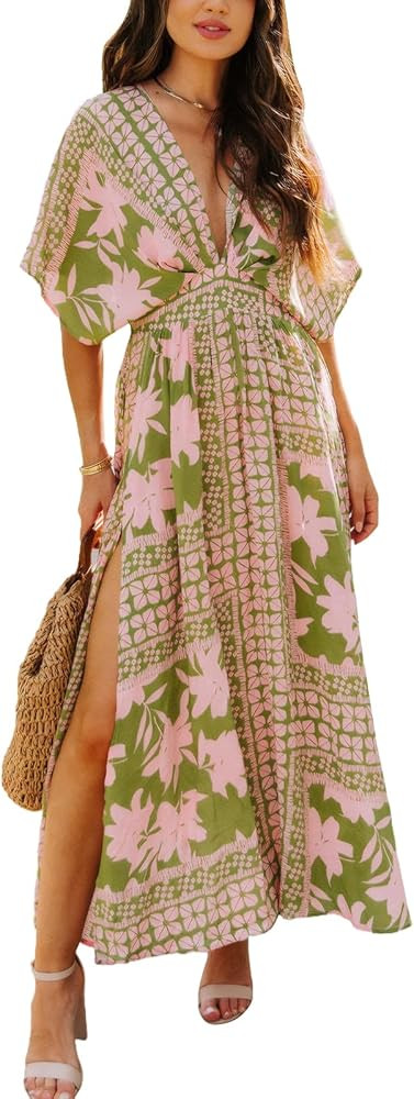 Women's Floral Print Boho Dress Side Split Deep V Neck Short Sleeves Maxi Dress A-Line Flowy Maxi... | Amazon (US)