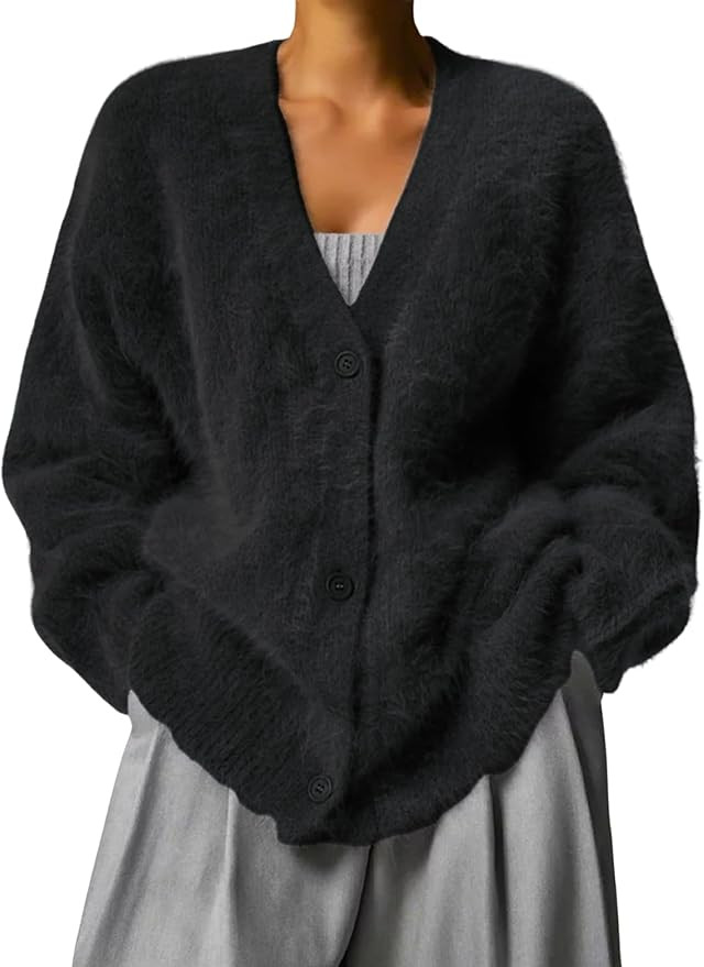 Women Mohair Cardigan Open Front Long Sleeve Knit Sweater Coat Button Down V-Neck Oversized Knitw... | Amazon (US)