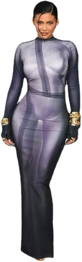 Y2K 3D Body Print Maxi Dress Women Aesthetic Long Sleeve Unique Sexy Body-Shaping Robe Party Club... | Amazon (US)