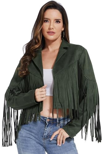 Fahsyee Women Fringe Leather Jacket Faux Suede Cowgirl Outfits Green S | Amazon (US)