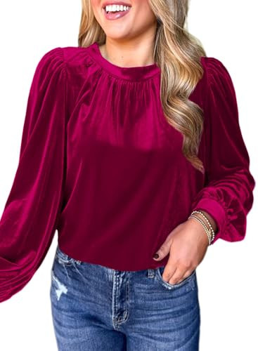Burgundy Red Velvet Tops for Women Puff Long Sleeve Dressy Cute Elegant 2025 Fall Winter Trendy Holiday Christmas Party Xmas Wedding Guest Ruched Shirts Blouses XL | Amazon (US)