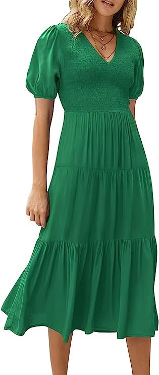 ANRABESS Women's Summer Puff Short Sleeve V Neck Smocked Tiered Swing A Line Beach Midi Dress wit... | Amazon (US)
