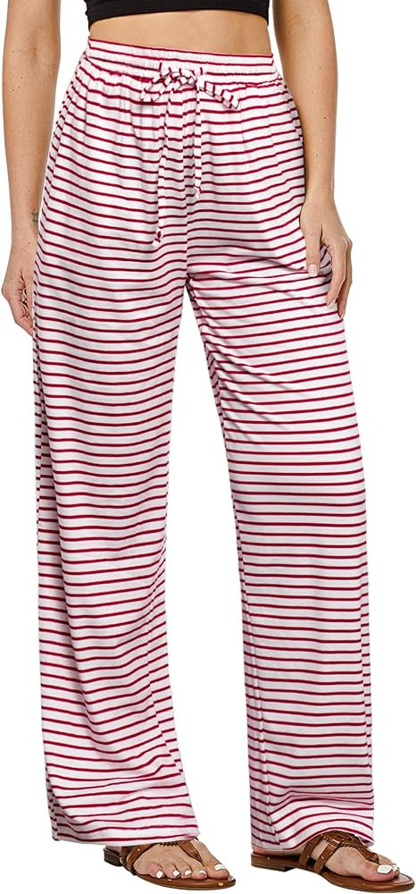 GRAPENT Striped Wide Leg Pants Woman High Waisted Pull On Elastic Waist Casual Lounge Comfy Loose... | Amazon (US)