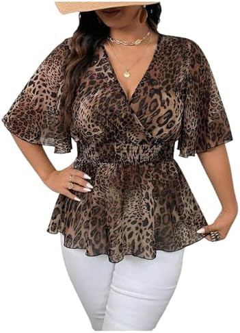 Floerns Women's Plus Size Cheetah Peplum Tops V Neck Short Sleeve Smocked Summer Blouses | Amazon (US)