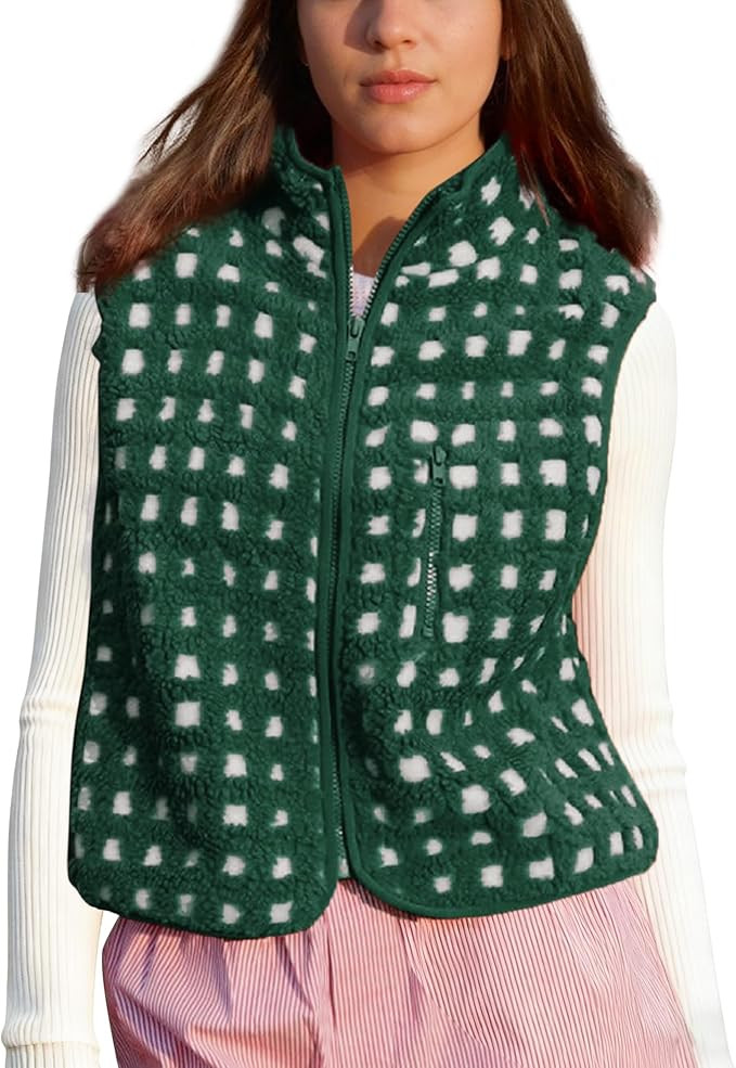 Womens Checkered Sherpa Vest Sleeveless Winter Fleece Jacket High Neck Zip Up Plaid Gilet with Ch... | Amazon (US)