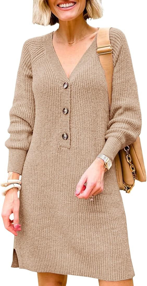 Saodimallsu Womens Oversized Sweater Dress Sexy V Neck Long Sleeve Button Down Ribbed... | Amazon (US)