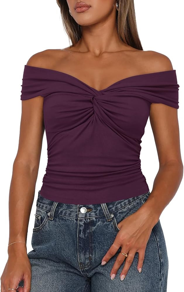 Darong Women Summer Twist Knot Front Off The Shoulder Tank Tops Cap Sleeve Going Out Shirts Slim ... | Amazon (US)