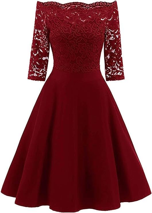 retro stage Women's 1950s Lace Off Shoulder Vintage Dress Prom Swing Cocktail Party Dress Wine Re... | Amazon (US)