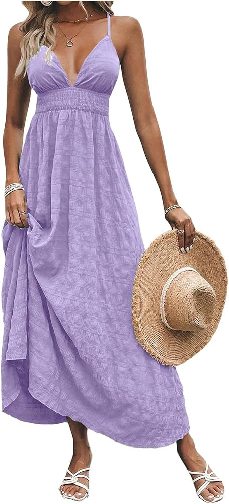Milumia Women's Summer V Neck Backless Maxi Dress Boho Spaghetti Strap A Line Flowy Beach Long Su... | Amazon (US)