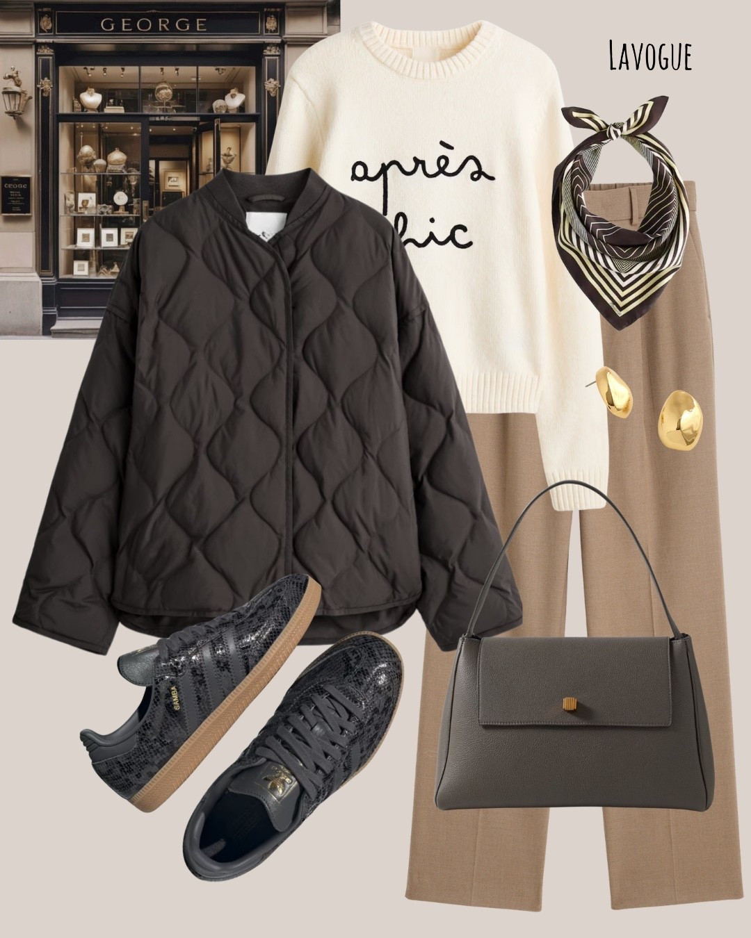 Straight-leg pants in oat color  styled with a cream jacquard sweater and a brown quilted jacket for an effortless neutral look. Finished with Adidas sneakers and a matching Khaite bag for everyday ease.
Links below 👇🏼 

#NeutralStyle #OOTD #FallLayers #CasualChic #EverydayOutfit #LTKStyle #LTKFashion #MinimalStyle

#LTKSaleAlert #LTKSeasonal #LTKFindsUnder100