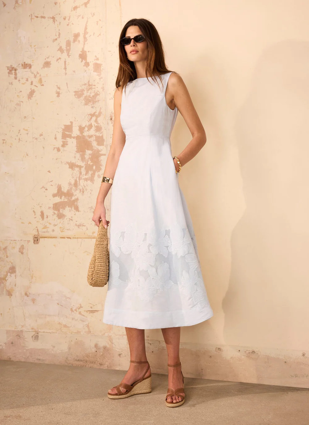 Blue Linen Blend Lace Midi Dress | Mint Velvet
