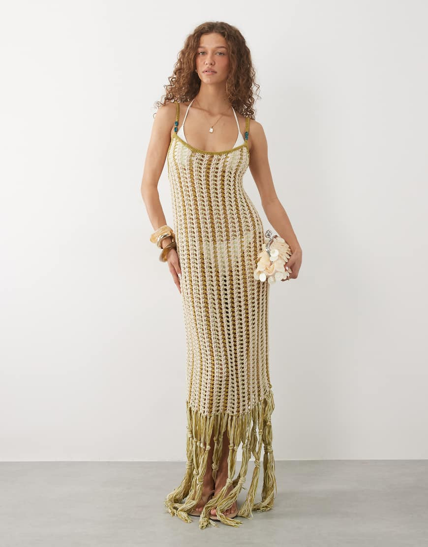 ASOS DESIGN Tara tassel macrame beach maxi dress in lime stripe-Green | ASOS (Global)
