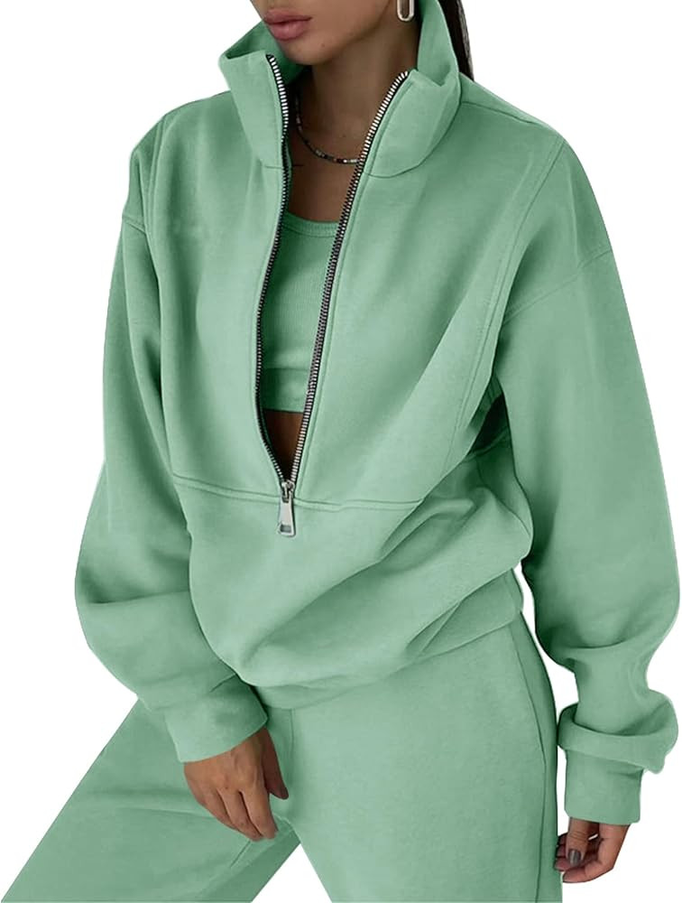 Women's 2 Piece Outfit Fleece Half Zip Sweatshirt and Joggers Pants Set Y2K Tracksuit Sweatsuit | Amazon (US)