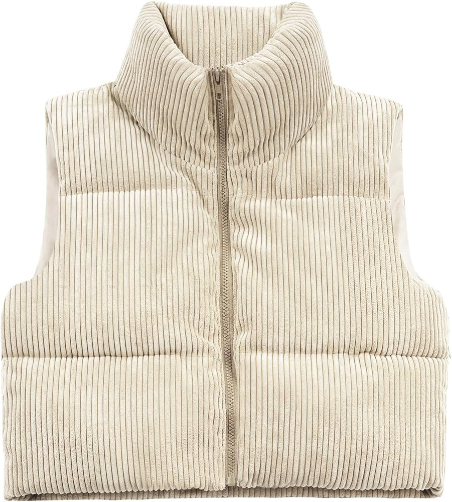 Women's Cropped Puffer Vest Winter Sleeveless Warm Outerwear Vests Lightweight Corduroy Coat with... | Amazon (US)